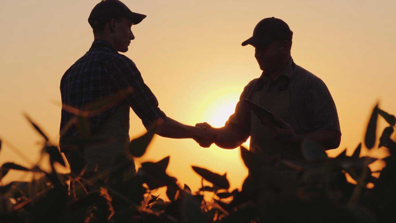Two men shaking hands in a field 