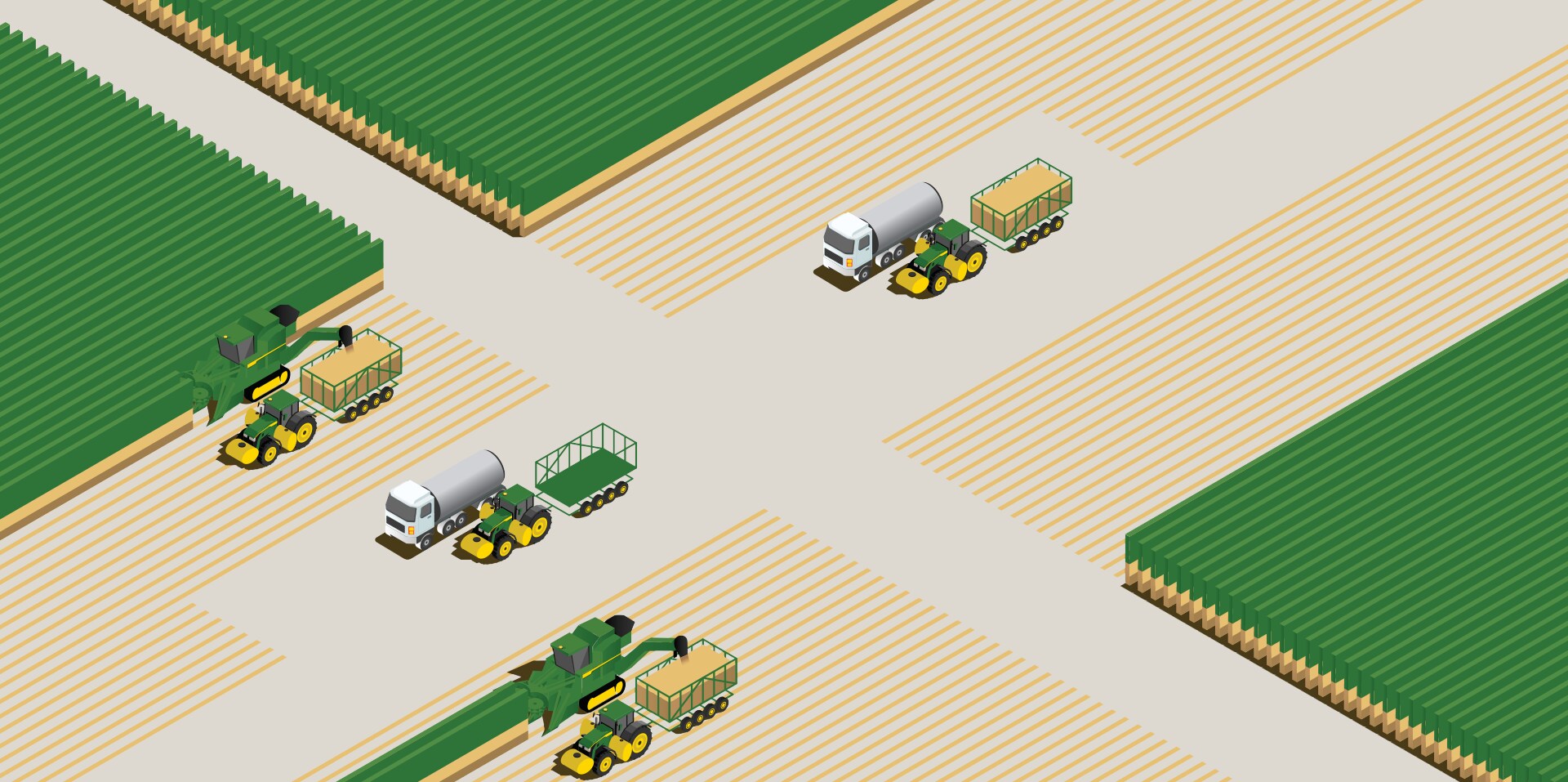 An illustration of John Deere equipment tending a sugar cane field