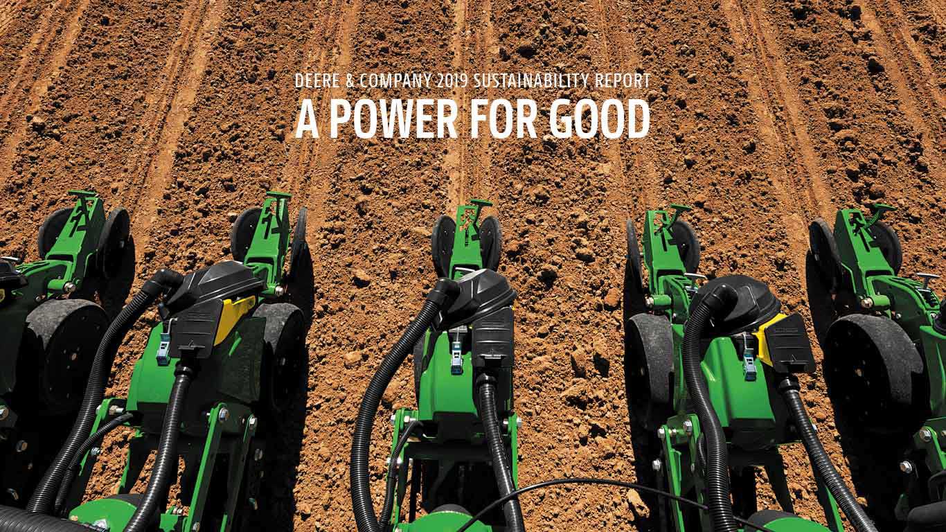 A field being plowed with text overlay that says "Deere & Company 2019 Sustainability Report - A Power for Good"