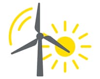 Icon of wind turbine with yellow wind and sun icons