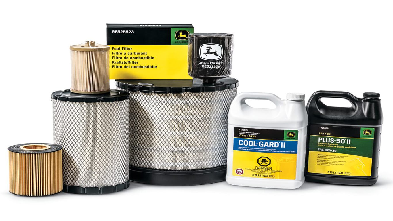 filters and lubricants stacked in a line