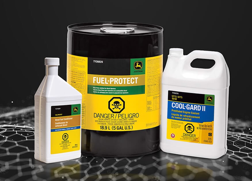 Three containers of John&nbsp;Deere Diesel Fuel Conditioner, Fuel-Protect, and Cool-Gard II Coolant on a black background.