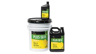 Three containers of John&nbsp;Deere PLUS-50 II Premium Engine Oil SAE 15W-40 in different sizes on a white background. 