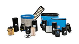 A collection of John Deere filters in different shapes and sizes on a white background.