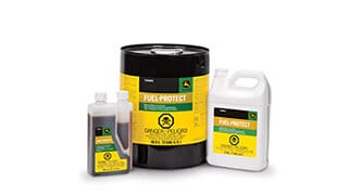 Three containers of John&nbsp;Deere Fuel-Protect in different sizes on a white background.