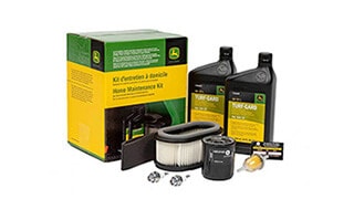 A John Deere Home Maintenance Kit box next to the products it contains on a white background.