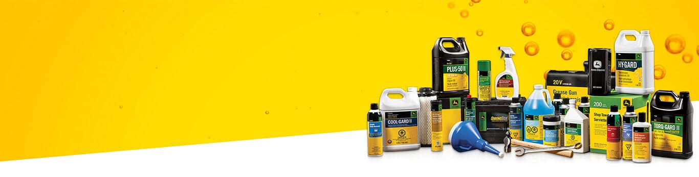 A variety of John&nbsp;Deere parts and maintenance products, including oils, lubricants, cleaners, and tools on a yellow background.