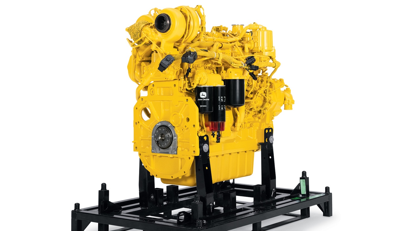 A fully remanufactured yellow John&nbsp;Deere Reman 9.0L FT4 Engine.