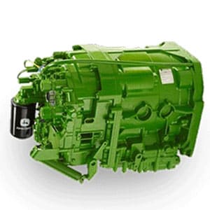 Green John Deere Reman drivetrain assembly.