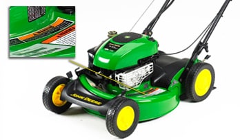 John Deere push lawnmower with an inset closeup of the labeling on the top of the mower