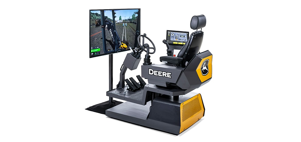 forestry simulator chair and monitor on stand on a white background