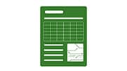Green icon of a page with data and graphs on it.