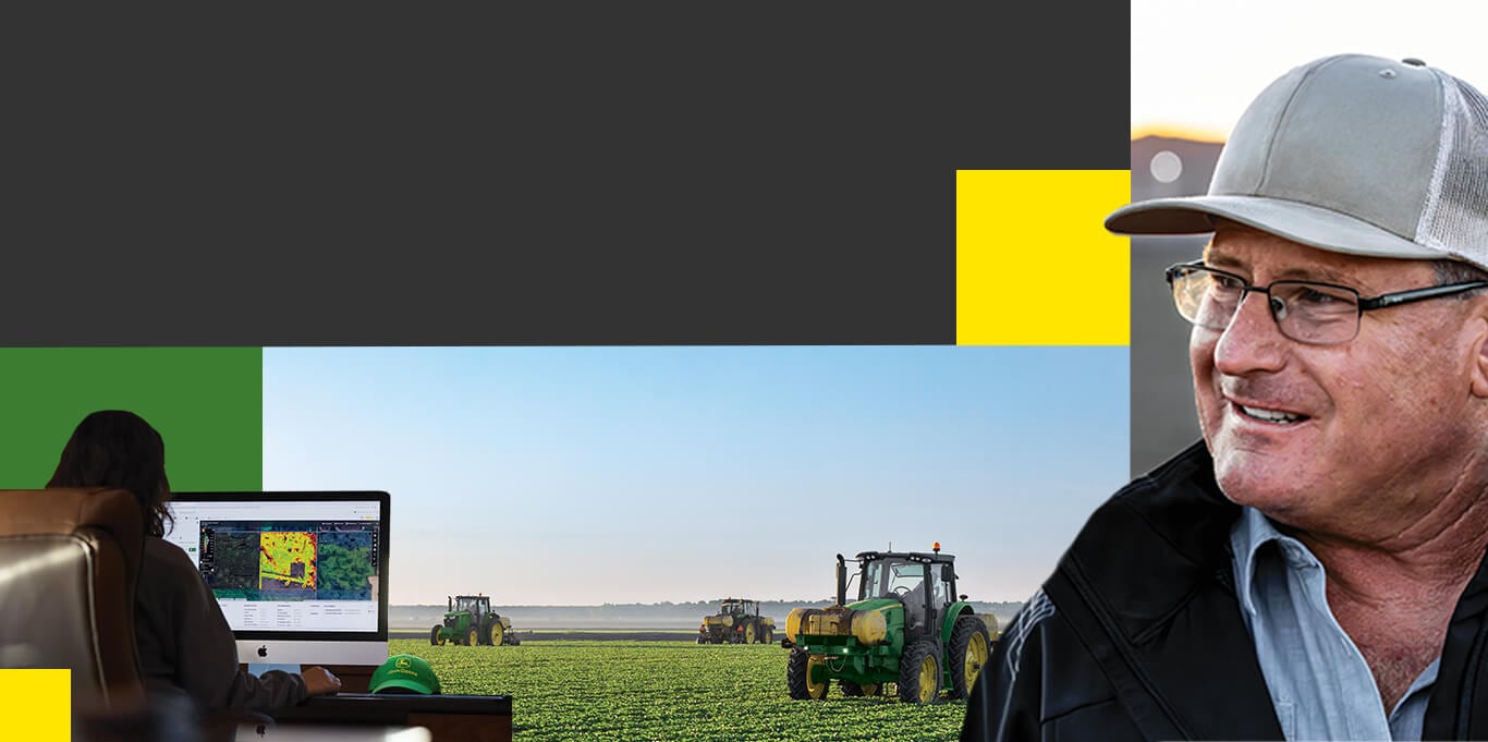  Collage of images featuring a person on a computer, an agricultural scene with multiple tractors in a green field, and a close up of a person smiling.