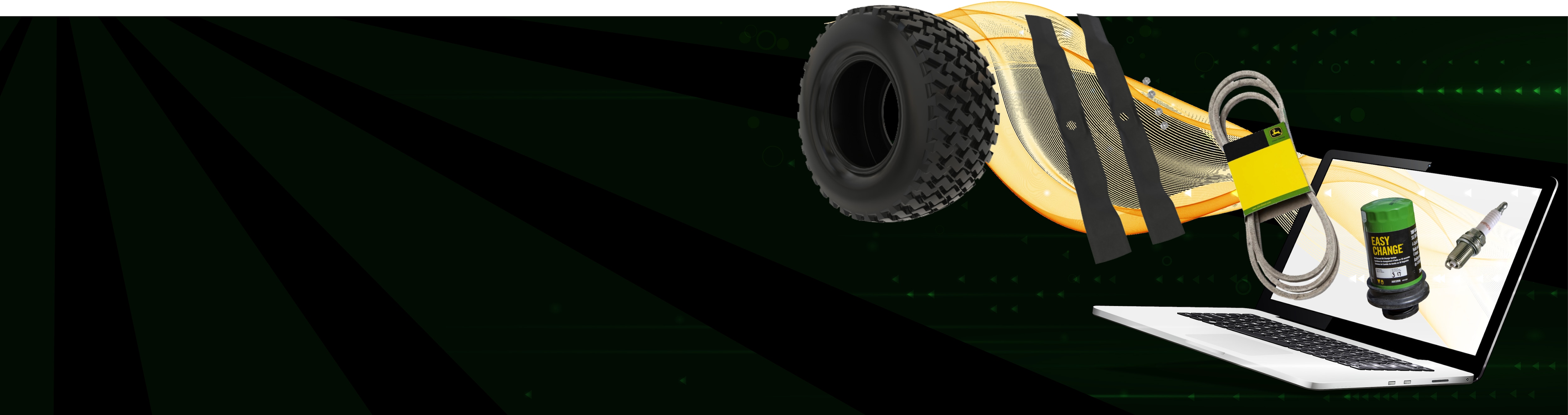 A black banner with a tire, mower blades, an oil filter and other parts streaming into a computer screen.
