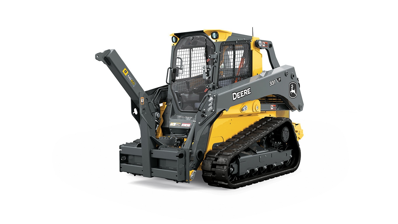 John&nbsp;Deere compact track loader equipped with an MB60 material boom attachment on a white background