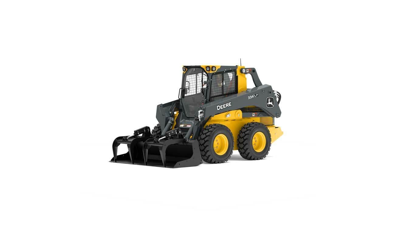 studio rendering of a gs84b scrap grapple attachment on a 334p skid steer on a white background