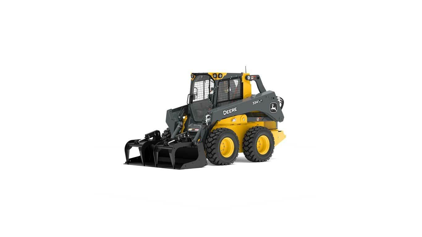 studio rendering of a gs78b scrap grapple attachment on a 334p skid steer on a white background