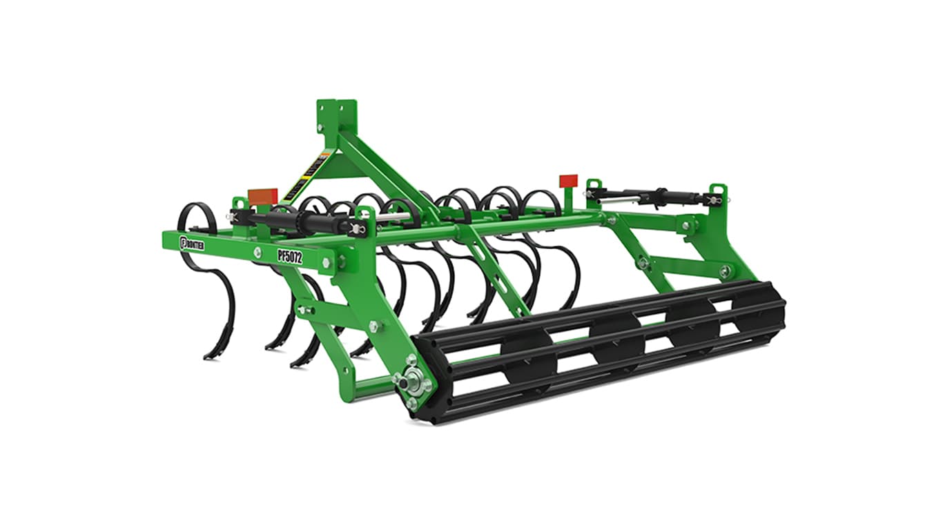 Green cultivator with curved tines and black roller, used for soil preparation.