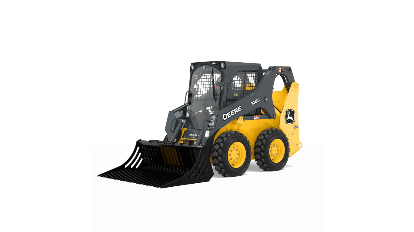 R66 Rock Bucket attachment on 318G Skid Steer loader with wheels