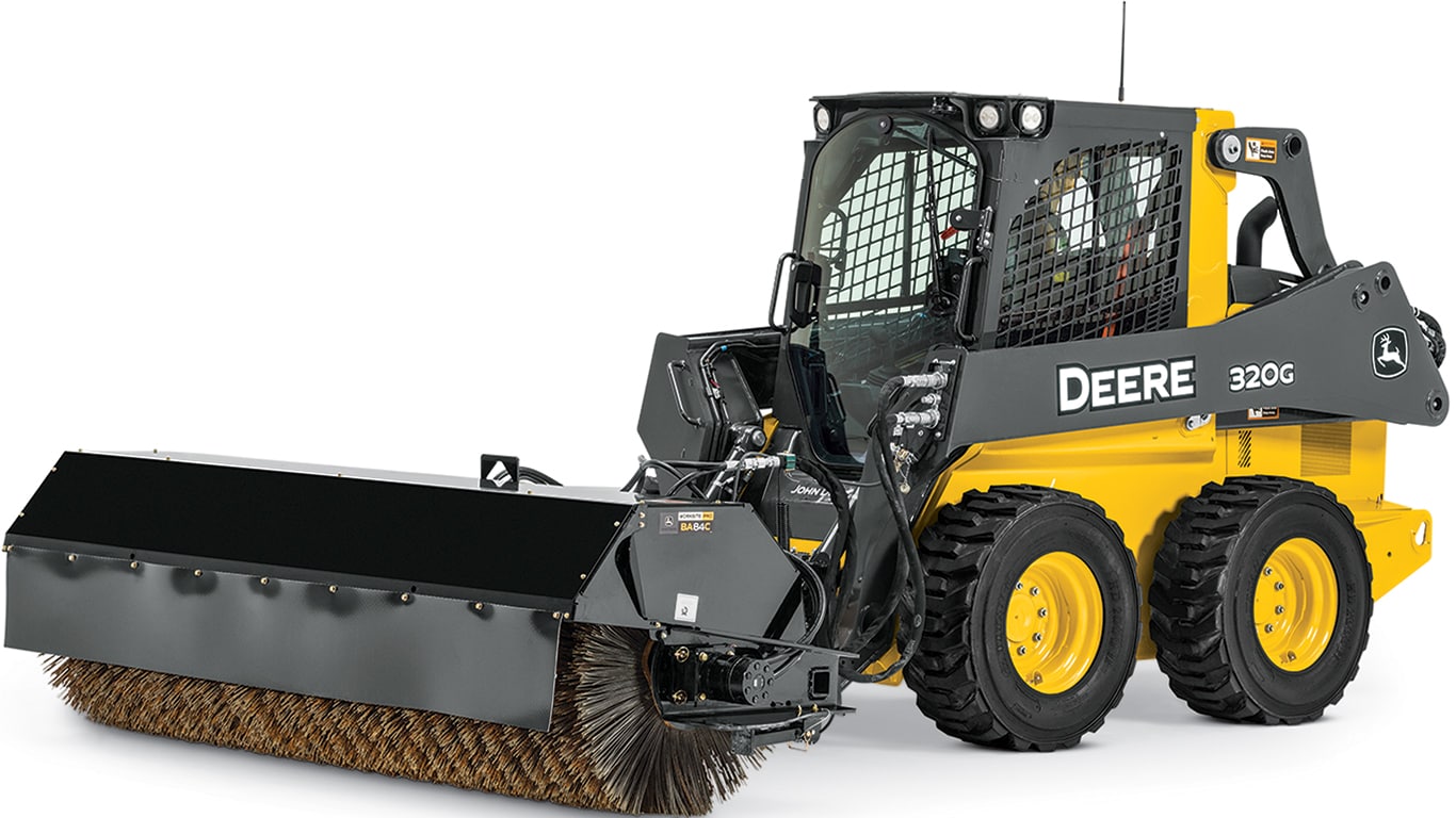 320G Skid Steer with angle broom attachment on white background