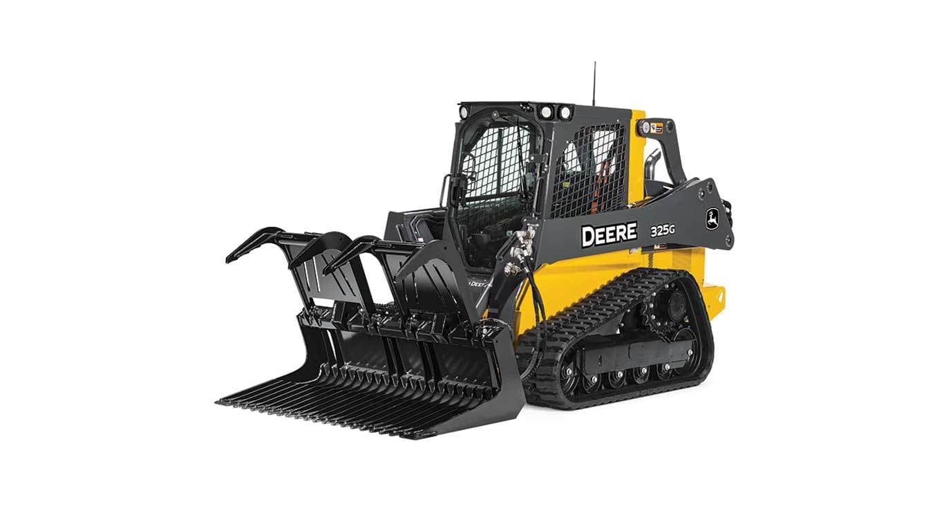 325G Compact Track Loader with Rock Grapple attachment on white background