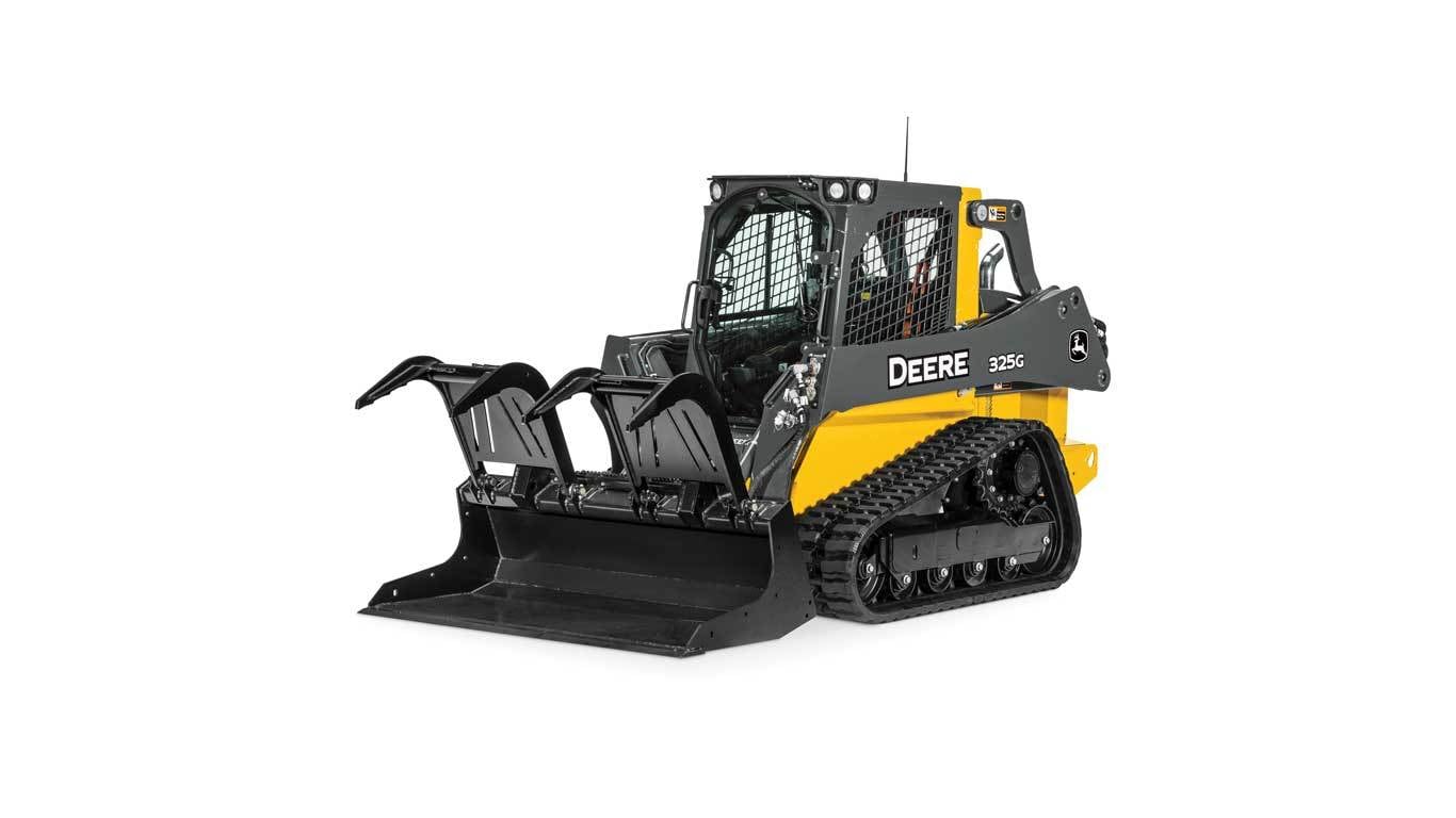 325G Compact Track Loader with Scrap Grapple attachment on white background