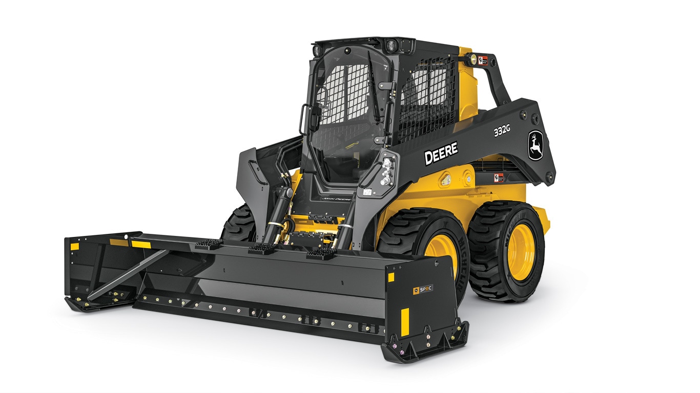 Studio image of a 332G Skid Steer with SP8C Snow Pusher Attachment