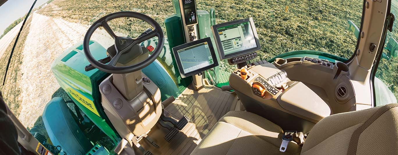 inside the cab of the John Deere Autonomous 8R Tractor.