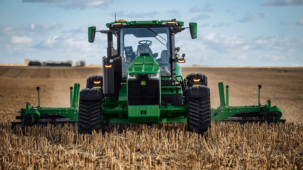 Front view of Autonomous tractor working in the field