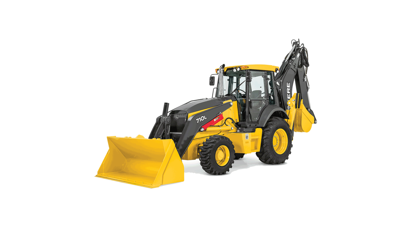 John Deere backhoe on a white background.