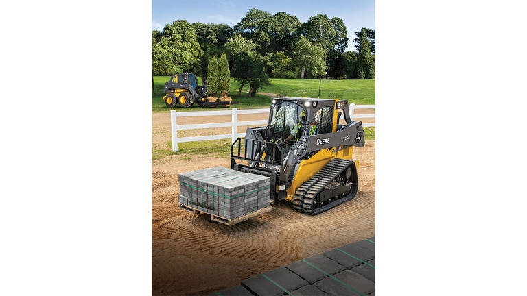 A 325G Compact Track Loader with pallet attachment moves a pallet of bricks. A 332G skid steer with nursery fork attachment moves two trees in the background.