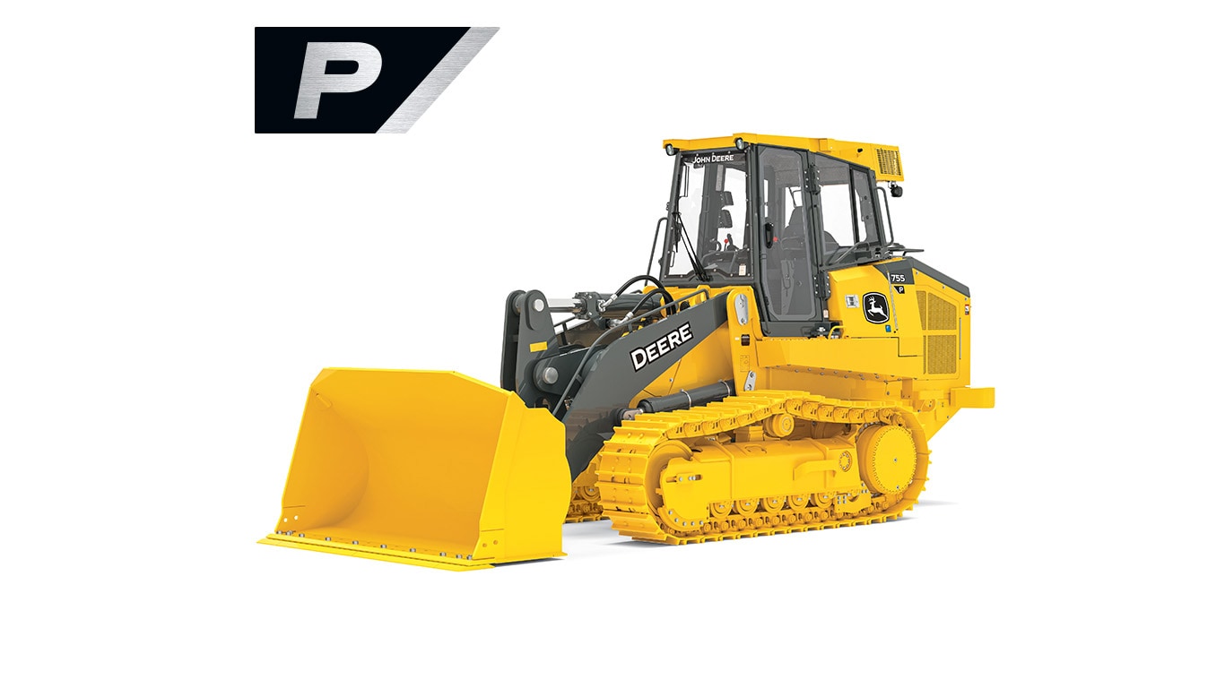 Yellow John Deere crawler loader with front bucket and black cab on white background.