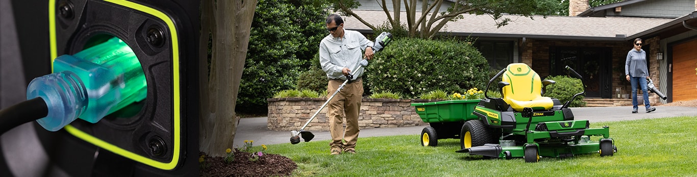 an image collage of a mower charger and a Z380R ZTrak Mower on the front lawn of a house