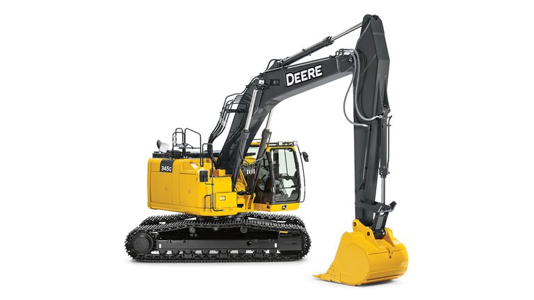 345G LC Excavator with white background.