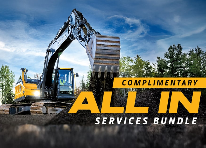 image of a new generation John&nbsp;Deere Excavator with descriptive words on the complimentary All In Services Bundle.