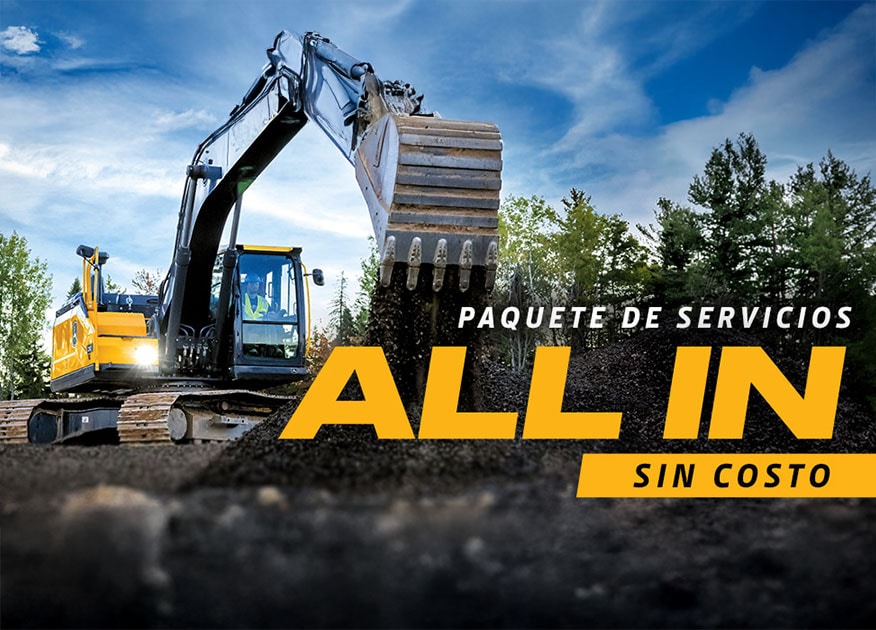 imagen de una excavadora John Deere de nueva generación con palabras descriptivas sobre el paquete de servicios gratuito All In. imagen de una excavadora John Deere de nueva generación con palabras descriptivas sobre el paquete de servicios gratuito All In.