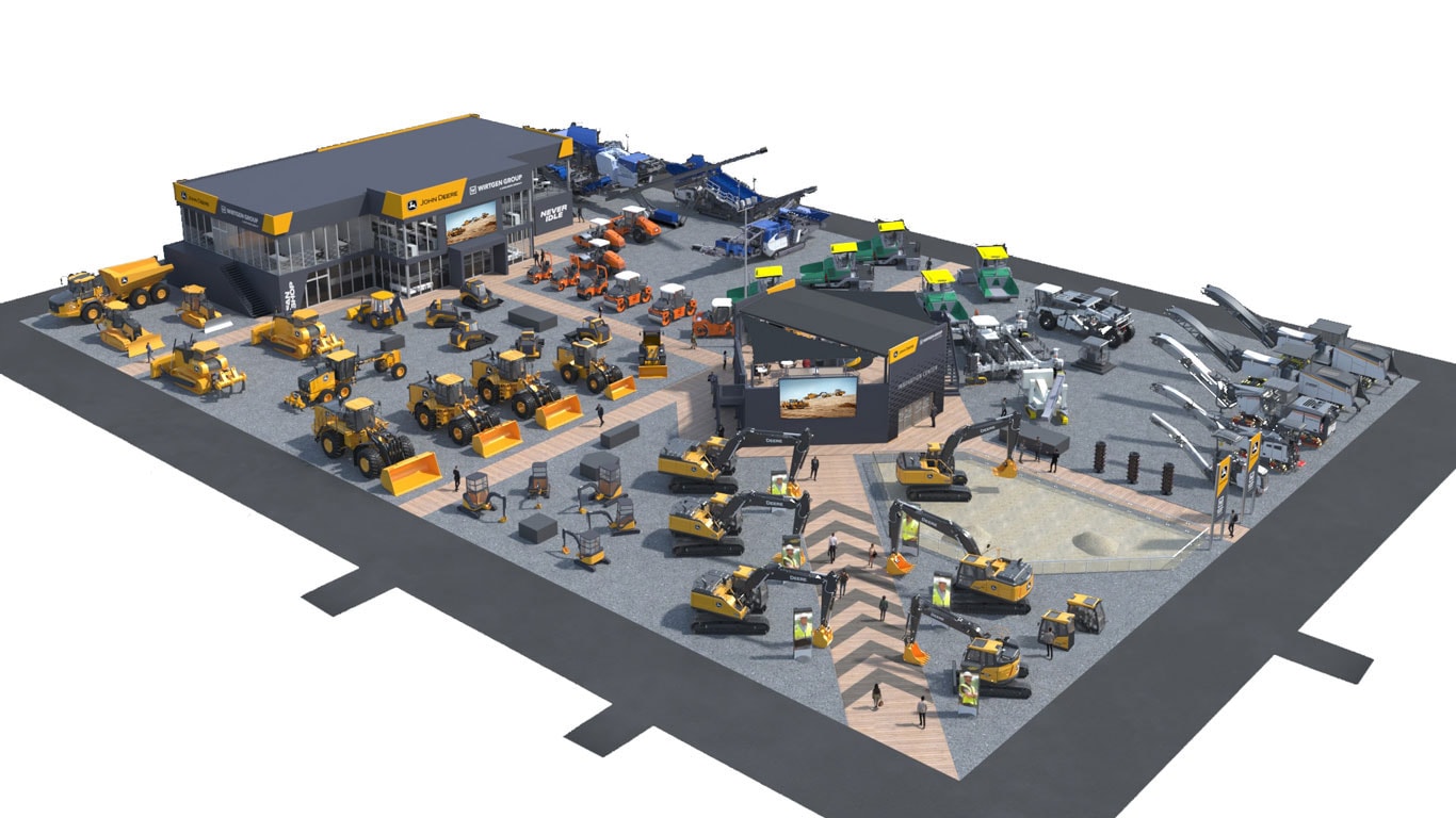 Large graphic displaying the John&nbsp;Deere and Wirtgen Group joint booth for CONEXPO-CON/AGG 2026.