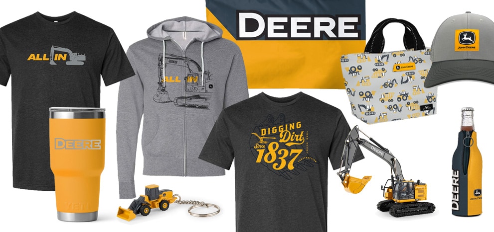 Montage of various John Deere construction merchandise