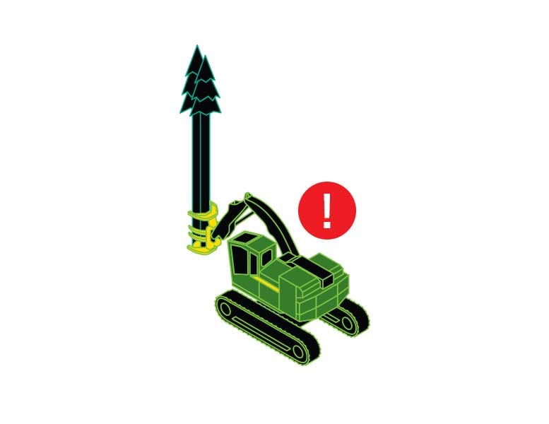 Line art drawing of a tracked feller buncher holding two trees