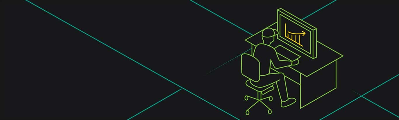 Line art of person sitting at a desk looking at a graph on a computer screen