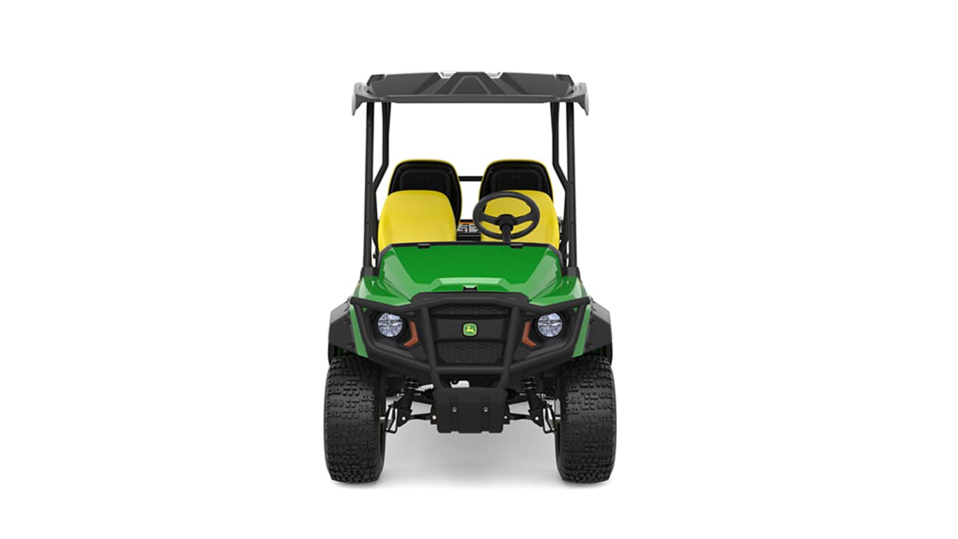 A green Gator with four yellow seats facing forward on a white background.