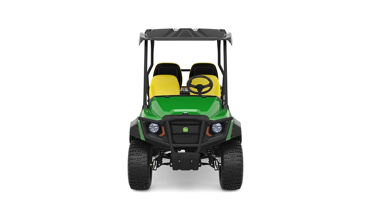 A green Gator with four yellow seats facing forward on a white background.