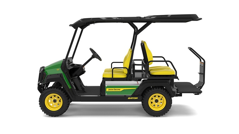 A green Gator with four yellow seats facing left on a white background.