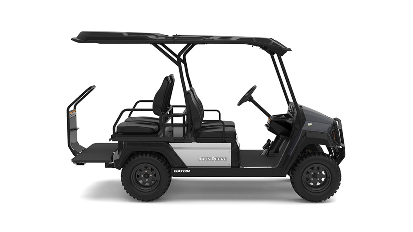 A gray Gator with four seats facing right on a white background.