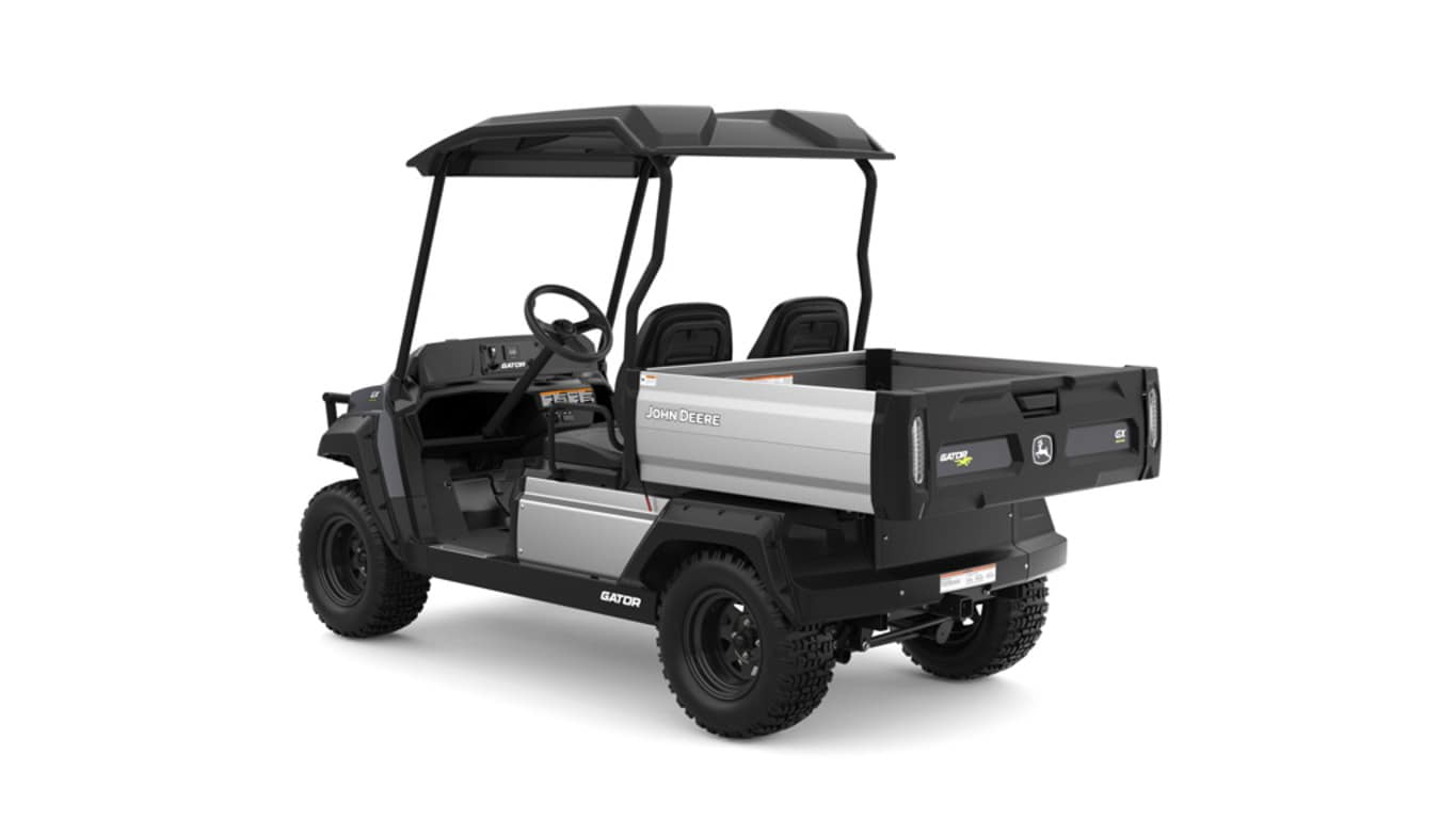 A gray Gator with two seats and large cargo box facing rear-left on a white background.