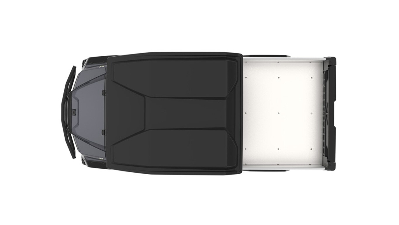 A gray Gator with two seats and large cargo box facing top-down on a white background.