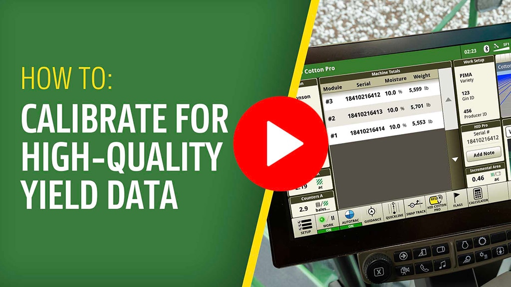 Image collage of a display on the right and TItle: How To: Calibrate for high-=quality yield data on the left with a play button overlaying the image