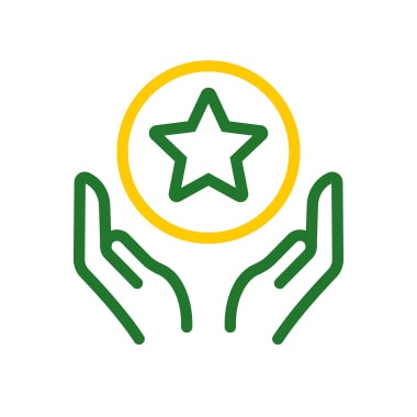 Two hands around a yellow sphere with a green star at the center