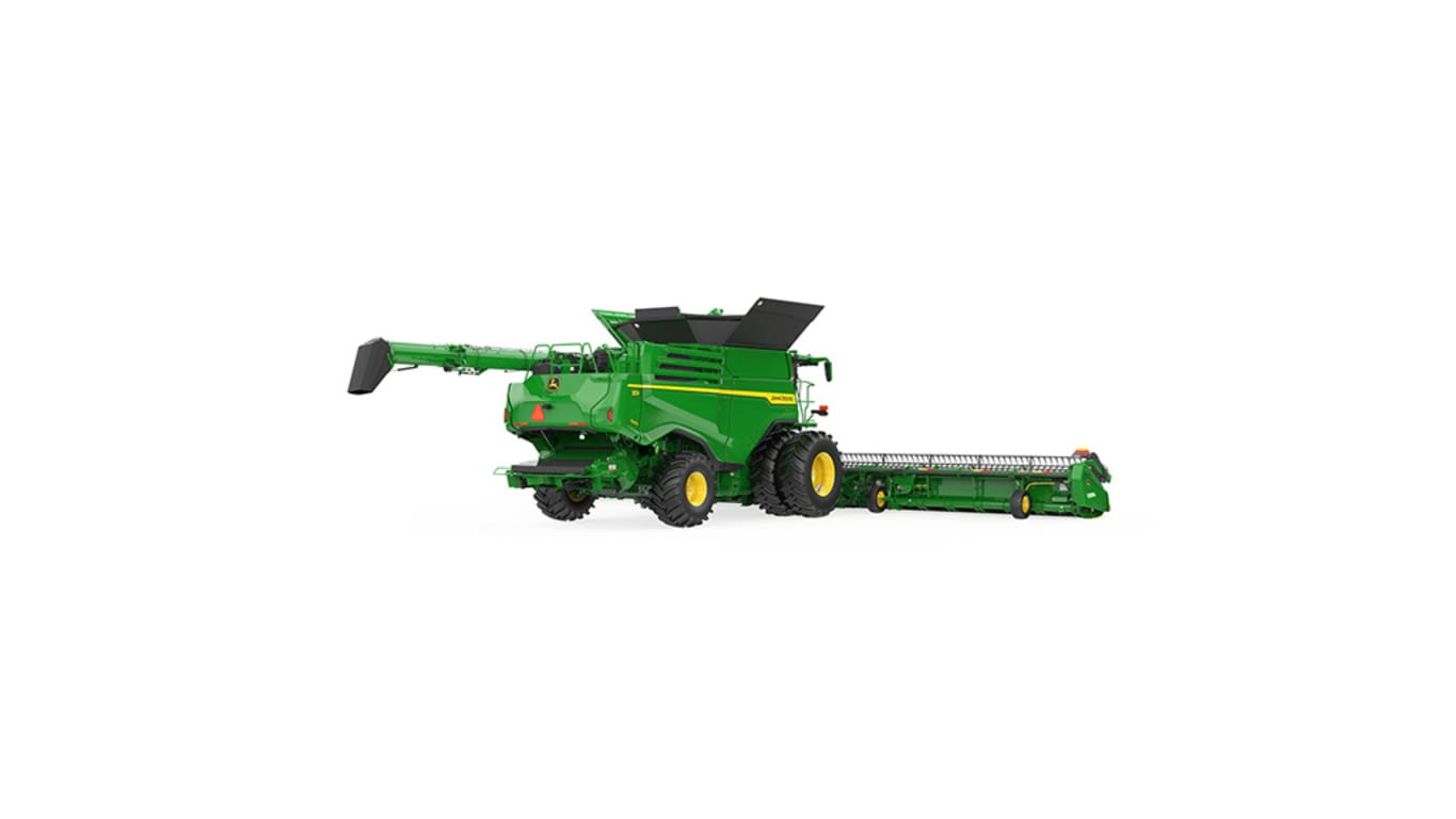 Rear left-side view of x9 1000 combine on a white background