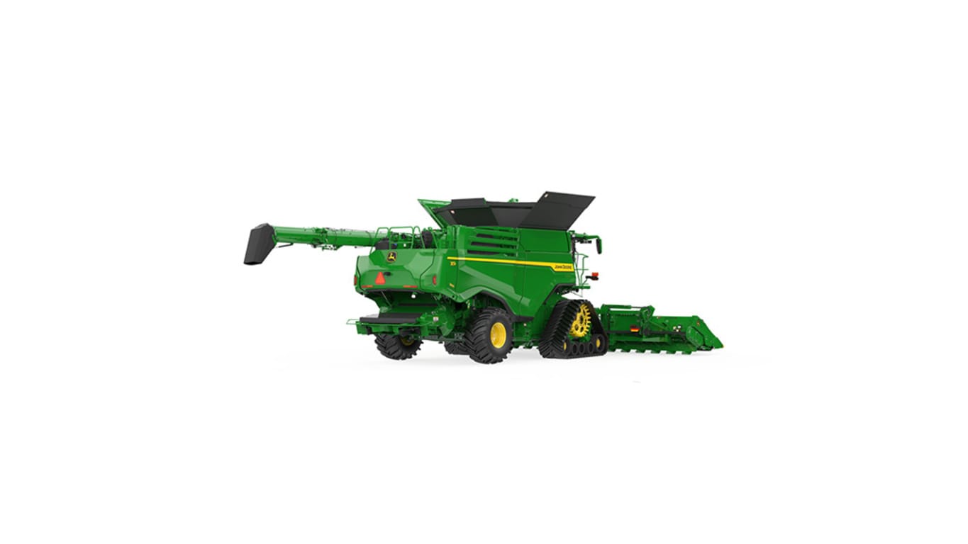 Rear left-side view of x9 1100 combine on a white background